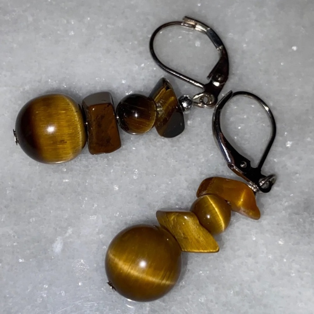 Tigers Eye Cats Eye Dangle Earrings - Picture 2 of 8